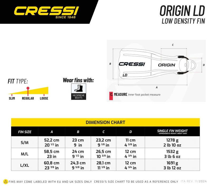 CRESSI 飛び込み競技 フィン 開けっ広げ踵 [ ORIGIN LD ] 天然ゴム製 ステンレスバンジーストラップ ベンチレーション 【置き目品】
