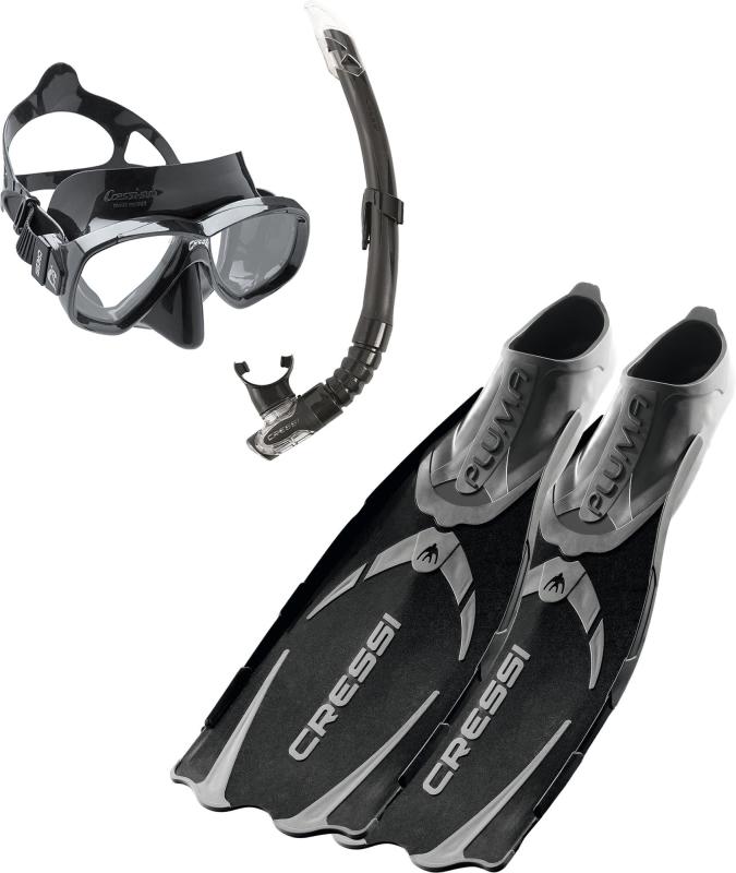 CRESSI シュノーケリング 3点仕掛ける [ PLUMA BAG ] フルフットフィン 2眼水晶体恍ける スプラッシュガー付き添い人シュノーケル 黒いこと 【置き目品】