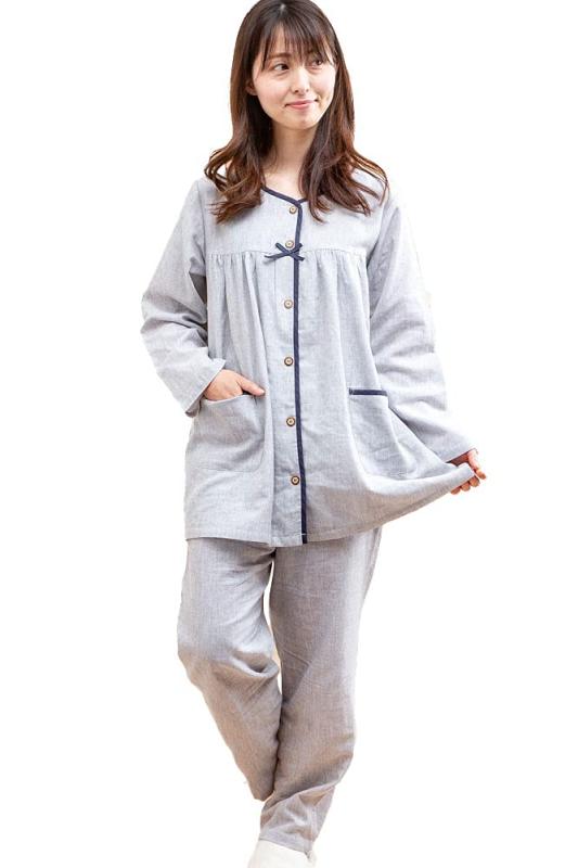 [ケーズアイ] 綿100% ダブルガーゼ地 前開き パジャマ レディース 長袖 S/M/L/LL/3L /4L 33033