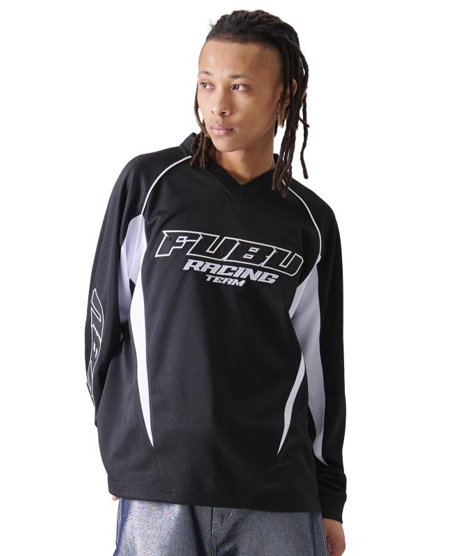 [FUBU] 表どおり 長袖 レーシングシャツ Vのど首 アメカジ ロゴタイプ 刺しゅう 大層らしい大きさ ビッグ 影ぼうし 御居処跳ねる ゆったり