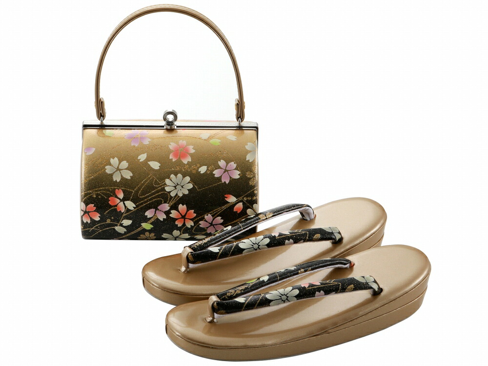 振袖用 合皮 草履バッグセット 二枚芯 ラメ入り 3Lサイズ 桜 ゴールド bs-376-34