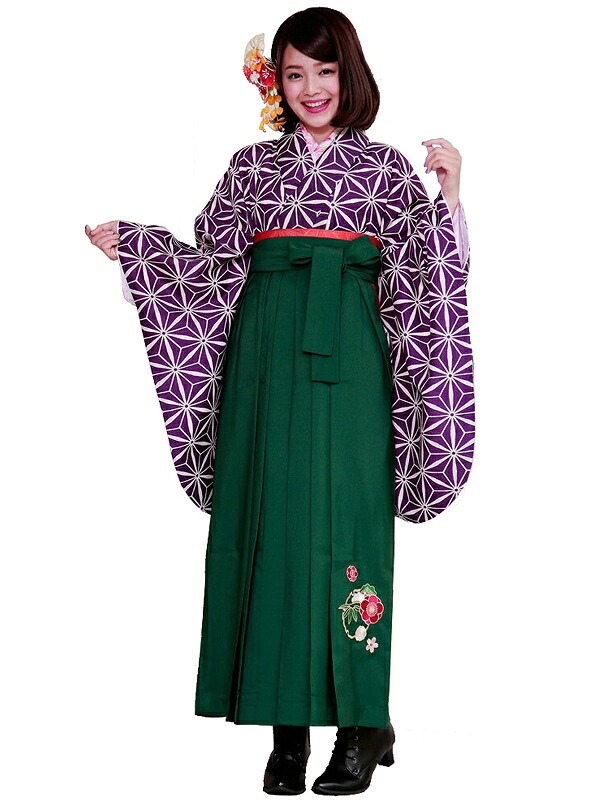 二尺袖 ショート丈 着物 刺繍入り 袴 セット 紫 麻の葉 haki-20-17｜華みち