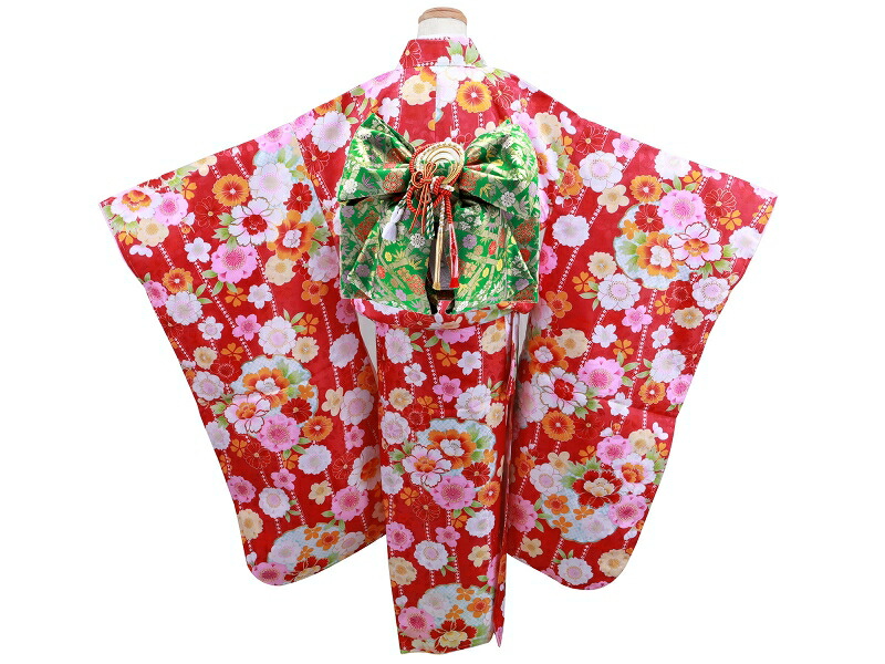 7歳用 フルセット 総柄 四ッ身 着物 結び帯 大寸 箱せこセット 赤い着物 7kk-92（帯301）
