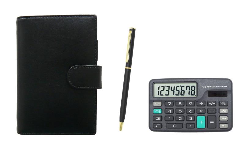 ミニ計算器付 エコB7牛皮ミニ取り合わせ万覚え帳 黒 金属元素回転させる式ボールペン仕掛ける T23-D-LS002B-802