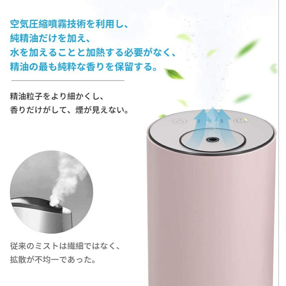 楽天市場 アロマオイルおまかせ２種付属 アロマディフューザー 水を使わない コードレス 充電式 ネブライザー コンパクト 水なし 車用 アロマ 無印 無線 ワイヤレス 嬉しいアロマセット 好きな場所で使える １０ｍｌエッセンシャルオイル ２個付 Hanarey