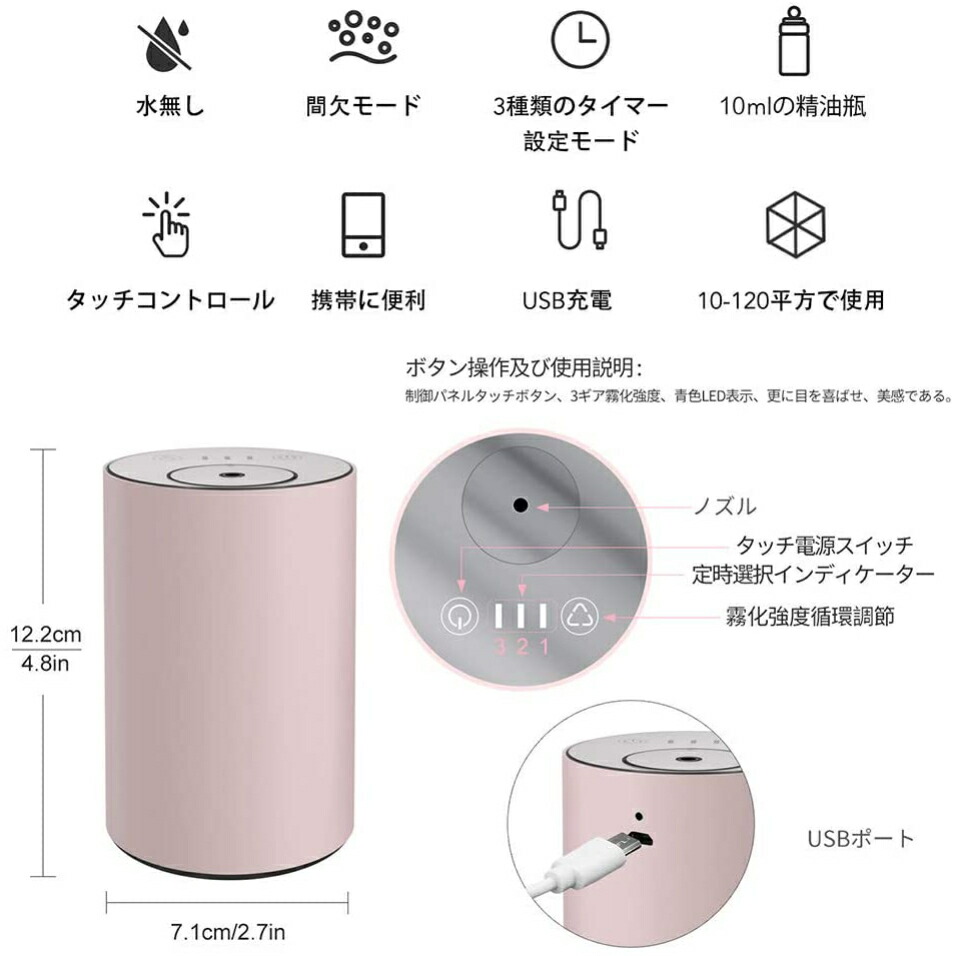 楽天市場 アロマオイルおまかせ２種付属 アロマディフューザー 水を使わない コードレス 充電式 ネブライザー コンパクト 水なし 車用 アロマ 無印 無線 ワイヤレス 嬉しいアロマセット 好きな場所で使える １０ｍｌエッセンシャルオイル ２個付 Hanarey