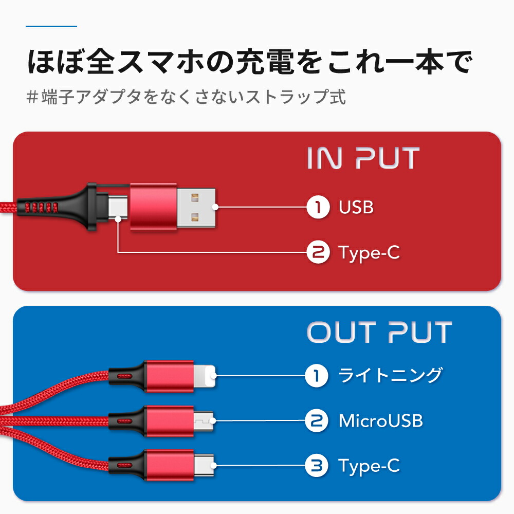 ー品販売 3in1 充電ケーブル iPhone android switch 赤 1.2m