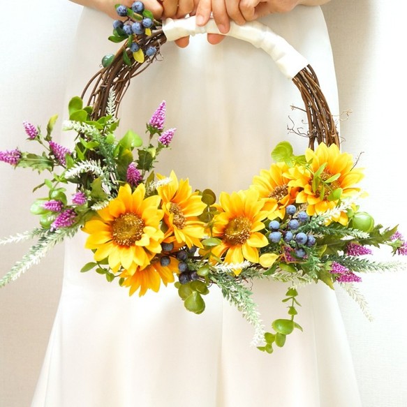 リースブーケ 愛は永遠に続く ひまわり ウエディング ナチュラル フォトウェディング ブライダル ブライダルブーケ ブーケ ブーケブートニアセット 個性的 前撮り 夏 披露宴 結婚式 造花 ２点セット 最適な価格 ブーケ