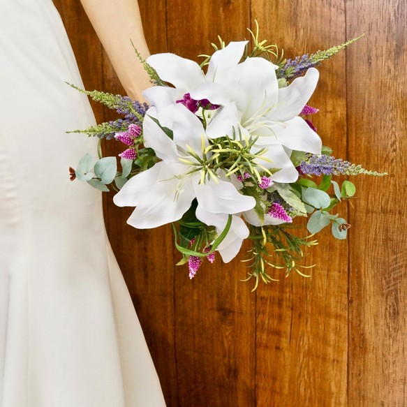 送料無料 ウエディングブーケ ユリ ざっくり ナチュラル ラウンド バラ 