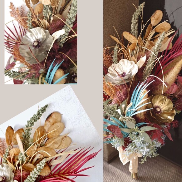 ディスカウント 秋 冬の花嫁に オシャレなウェディングブーケ 印象的 綺麗 カッコイイ 赤 水色 ベージュ 造花 ブーケ 大人花嫁 華やか 美しい きれい 送料無料 ウェディング おしゃれ ブライダルブーケ ブートニアセット ２点セット 前撮り フォトウェディング Ct触媒