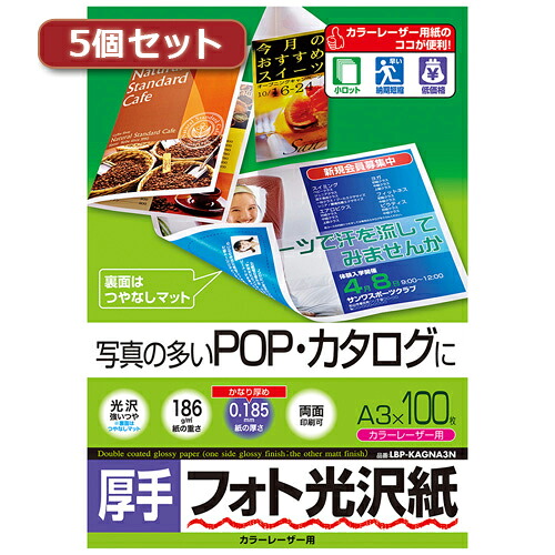 【5個セット】 サンワサプライ カラーレーザー用フォト光沢紙 厚手 A3 100枚 LBP-KAGNA3NX5|ショップハナテック