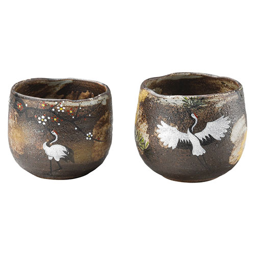 京焼・清水焼 吉祥鶴 組湯呑 湯呑(大)(約230ml)(約φ85×75mm)・湯呑(小)(約180ml)(約φ80×70mm)×各1 22506307|ショップハナテック