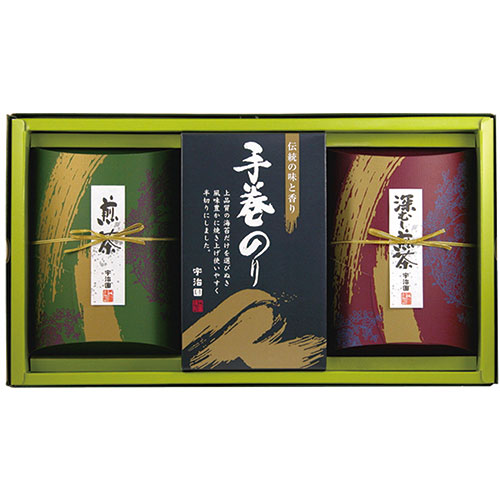 【6セット】 宇治園 銘茶・のりセット 【煎茶・深蒸し煎茶/各80g、国産焼き海苔 板のり10枚(半切10枚×2)】 FUJI41122X6|ショップハナテック