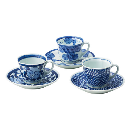 波佐見焼 古伊万里青磁絵コーヒー三ツ組コーヒー碗皿揃 K60806325