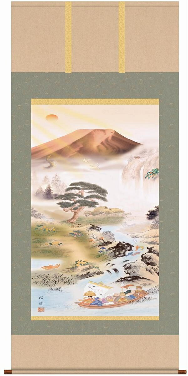 緒方葉水　夜桜　掛け軸　掛軸　桜　新品送料無料 掛け軸-夜桜／緒方葉水（尺五・桐箱・風鎮付き・緞子）花鳥画