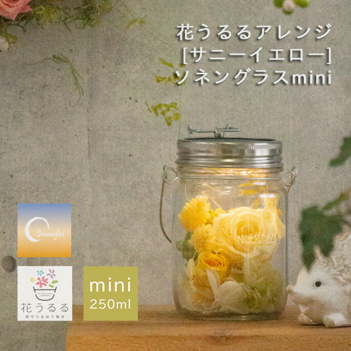 \即日発送もOK/ ソネングラス×花うるる【サニーイエローmini】正規代理店(保証書付 250ml ランタン led ソーラー 充電式 防災 災害用 インテリア 新築祝い ライト おしゃれ 花 フラワーギフト 誕生日 女性 ドライフラワー 瓶