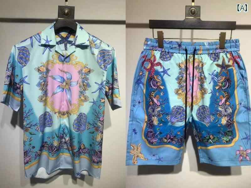 メンズ シャツ 上下 セットアップ バロック模様 華麗 半袖 半ズボン 欧米 紳士服 パレス 全面 プリント カジュアル ファッション ハワイアン ラフ着 派手 目立つ バケーションスタイル 緑 グリーン 青