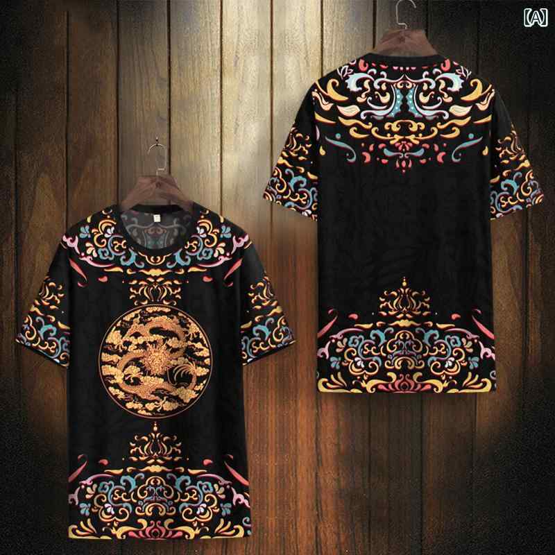 ドラゴン Tシャツ メンズ カジュアル レトロ 速乾 ラウンドネック アウトドア チャイナ風 トップス スリムフィット 夏 半袖 薄手 中華風 サマー 龍