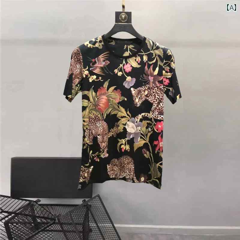 Tシャツ 夏 半袖 メンズ ヒョウ ラウンドネック プリント カジュアル フィット スリム トップス カットソー ファッション