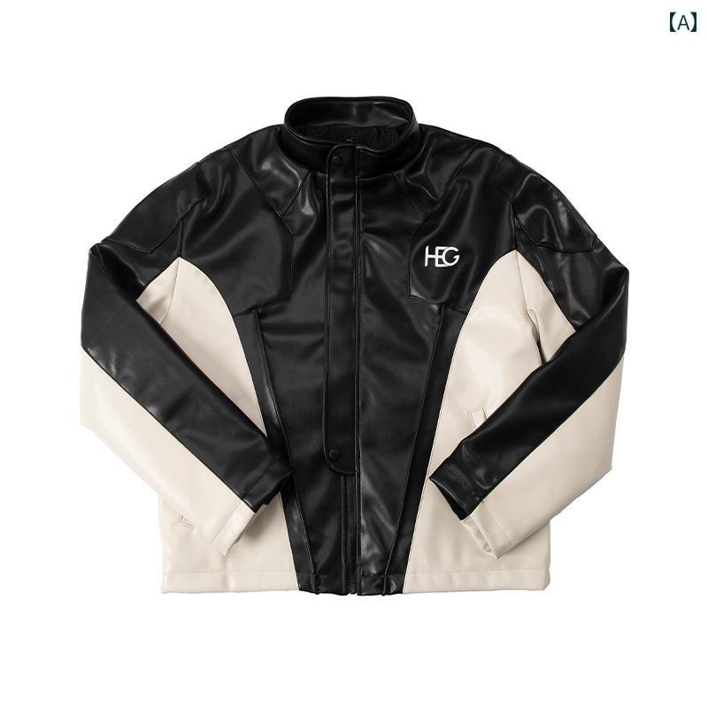 レザージャケット PU 革ジャン ライダースジャケット アウター 白黒 ステッチ ジップアップ ショート丈 防水 防寒 メンズ 秋 サイクリング スポーティー モノトーン|Hanbok Home