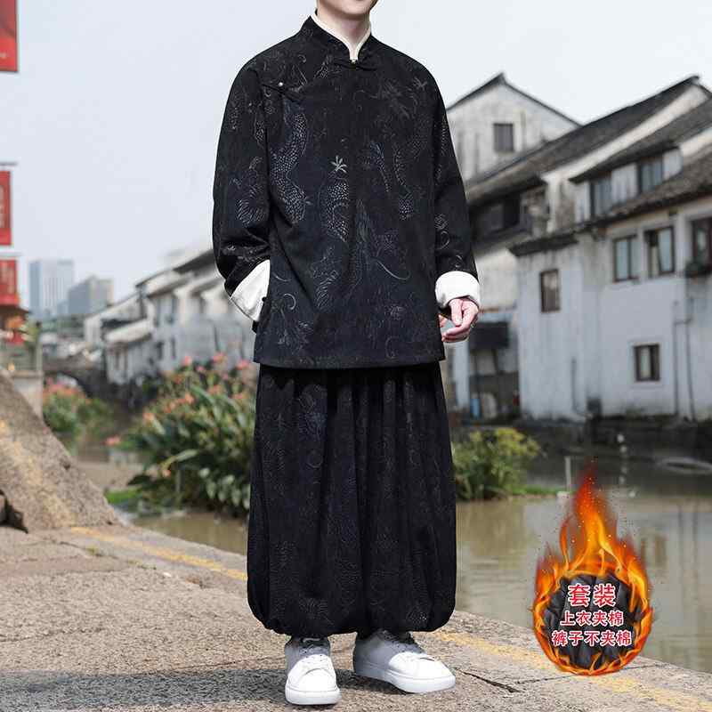チャイニーズ スタイル 唐装 メンズ キルティング 厚手 ジャケット 秋冬 ドラゴン パターン ジャカード 漢服 ショート 綿 伝統的 トラディショナル チャイニーズ ファッション|Hanbok Home