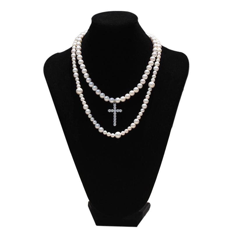 十字架 クロス ネックレス ペンダント メンズ レディース ヒップホップ チャイナ風 パール ミックス アクセサリー 二連 ファッション アイテム アクセント