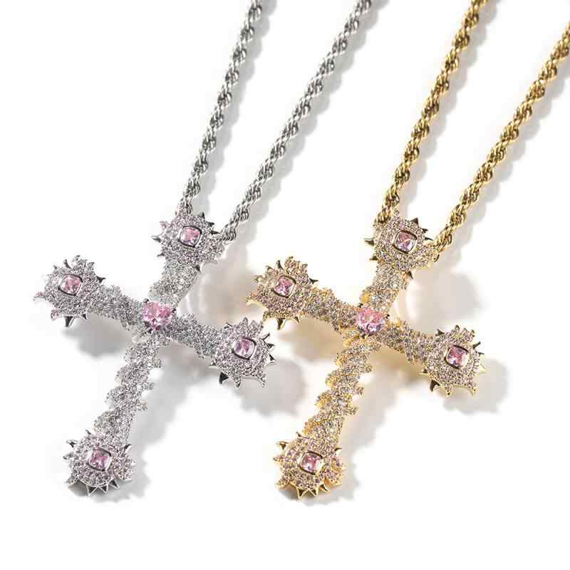 十字架 クロス ネックレス ペンダント ピンク ハート 銅 素材 金メッキ ジルコニア ヒップホップ アクセサリー メンズ レディース ファッション