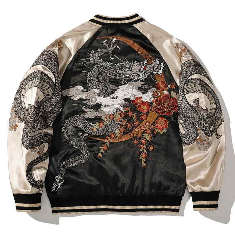 スカジャン 派手 和柄 派手色 赤 ワインレッド 刺繍 ジャケット シャンパンゴールド 双竜 龍 ドラゴン ストリート アウター 重厚 男性 個性 タトゥー インパクト 映え 目立つ|Hanbok Home