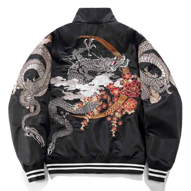 ブルゾン スカジャン 派手 和柄 朱雀 刺繍 ジャケット 双竜 龍 ドラゴン 桜 横須賀 アウター 重厚 男性 個性 タトゥー インパクト 映え 目立つ 梅 花 ウィンドブレーカー 黒|Hanbok Home