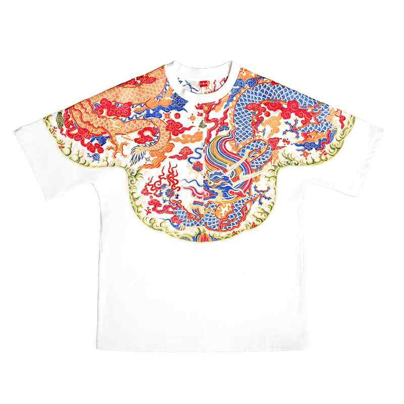 Tシャツ ドラゴン 刺繍 メンズ カジュアル トップス 綿 夏 通気性 チャイナ風 ハイネック 半袖 おしゃれ ストリート コットン サマー