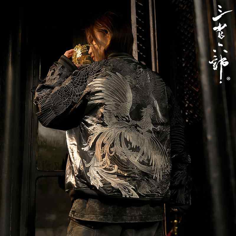 ジャンパー ブルゾン 上着 春秋 中華 風 朱雀 刺繍 リバーシブル スタジャン スカジャン ジャンパー ゴールド シルバー 龍 ドラゴン ヤンチャ ストリート 黒 ブラック アウター|Hanbok Home