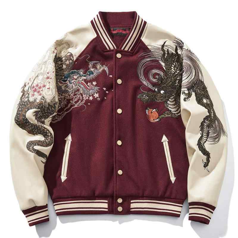 ドラゴン刺繍 スカジャン バーガンディ 楽天市場】スカジャン 派手 和 柄 千年 ドラゴン 龍 舞う ヘビー 赤 黒
