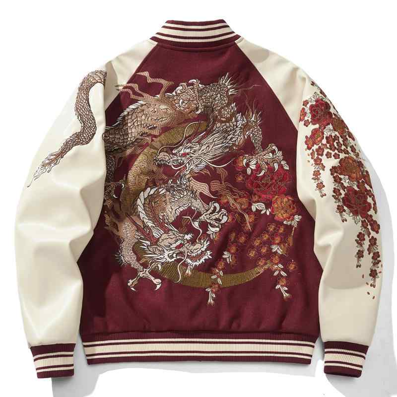 スカジャン ブルゾン 派手 ヤンチャ 秋冬 レトロ 重厚 龍 月 花 刺繍 切り替え カラー アウター 上着 ストリート ボーイズ ジャケット コットン レザースリーブ 目立つ ヤンキー|Hanbok Home
