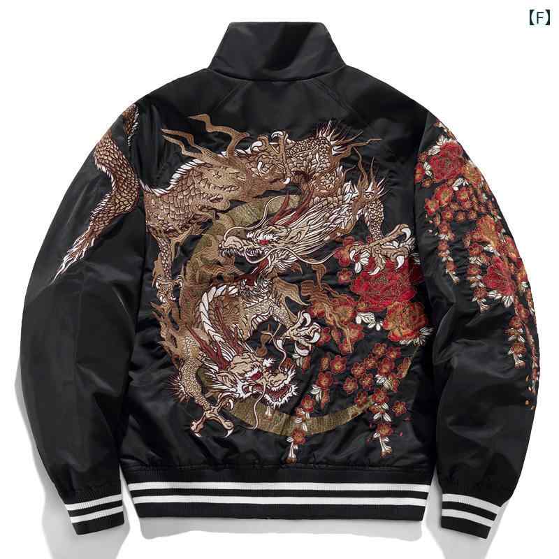 スカジャン ブルゾン 派手 黒 ボルドー 春秋冬 レトロ 龍 金 ゴールド 刺繍 綿 ジャケット メンズ レディース ゆったり 厚手 ボンバー アウター ストリート 和柄 ヤンチャ 作業着 映え