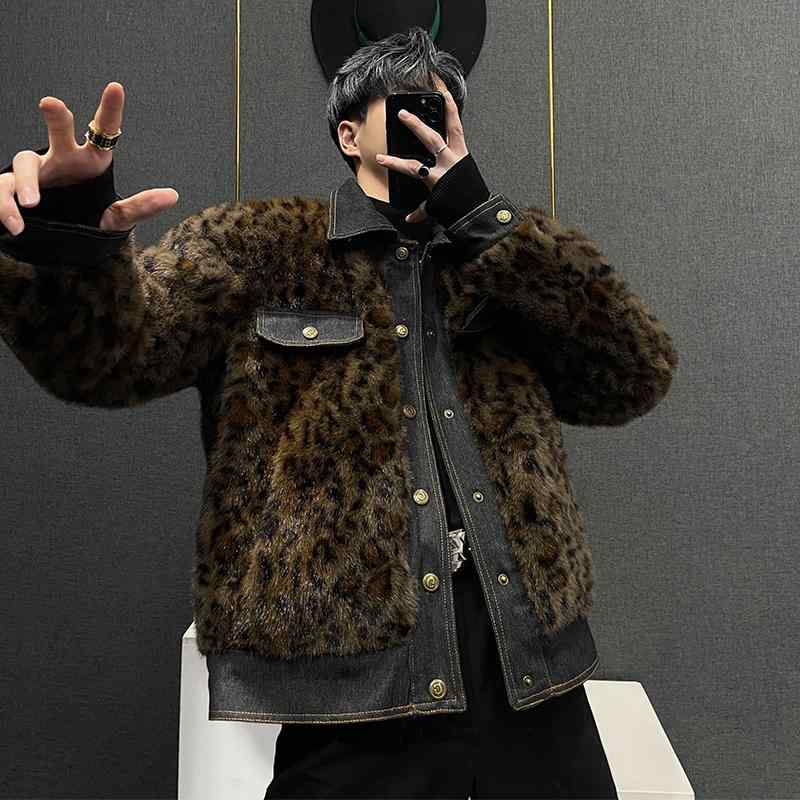 メンズ ジャケット アウター レオパード 冬 男性用 ハイエンド ヒョウ柄 ラムウール レトロ デニム スプライシング 柄 ボアコート 厚手 暖かい