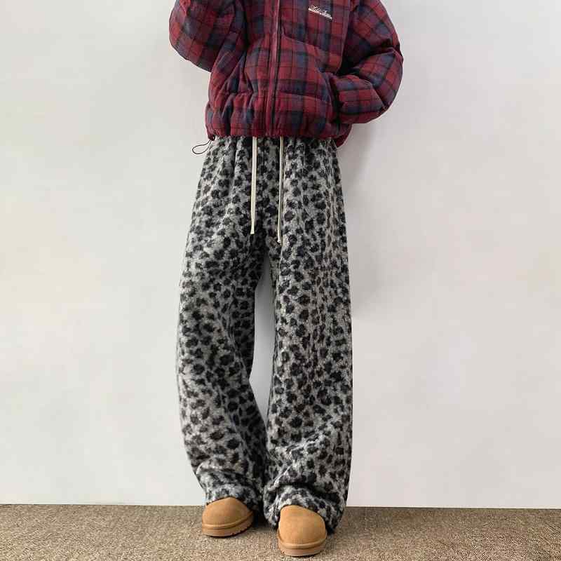 ワイドパンツ ゆったり ヒョウ柄 メンズ カジュアル アメリカン 厚手 おしゃれ デニム ジッパー ポケット 秋冬 伸縮性 ストレート ズボン 暖かい アウトドア ファッション ロングボトムス