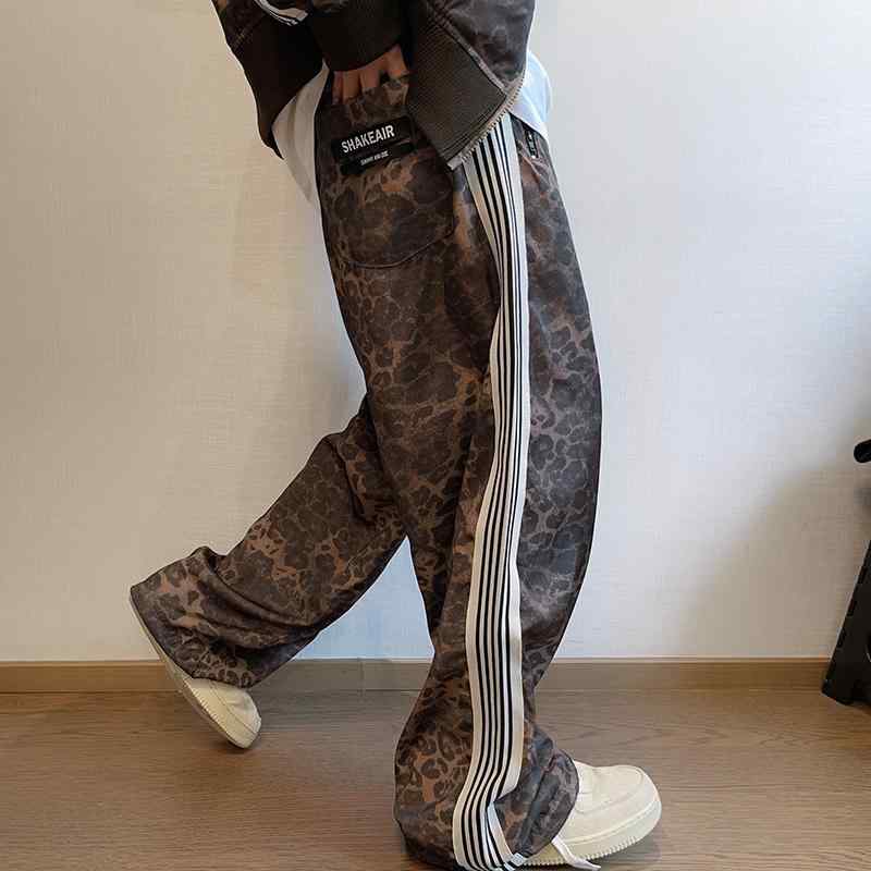 ヒョウ柄 パンツ ワイド ストリート おしゃれ メンズ カジュアル アメリカン アウトドア ファッション ズボン ストレート ポケット 薄手 レオパード柄 コーディネート