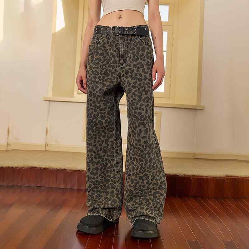 デニムパンツ ユニセックス ズボン ヒョウ柄 おしゃれ アメカジ ズボン ワイド レオパード柄 ジッパー オールシーズン ポケット ストレート メンズ レディース|Hanbok Home
