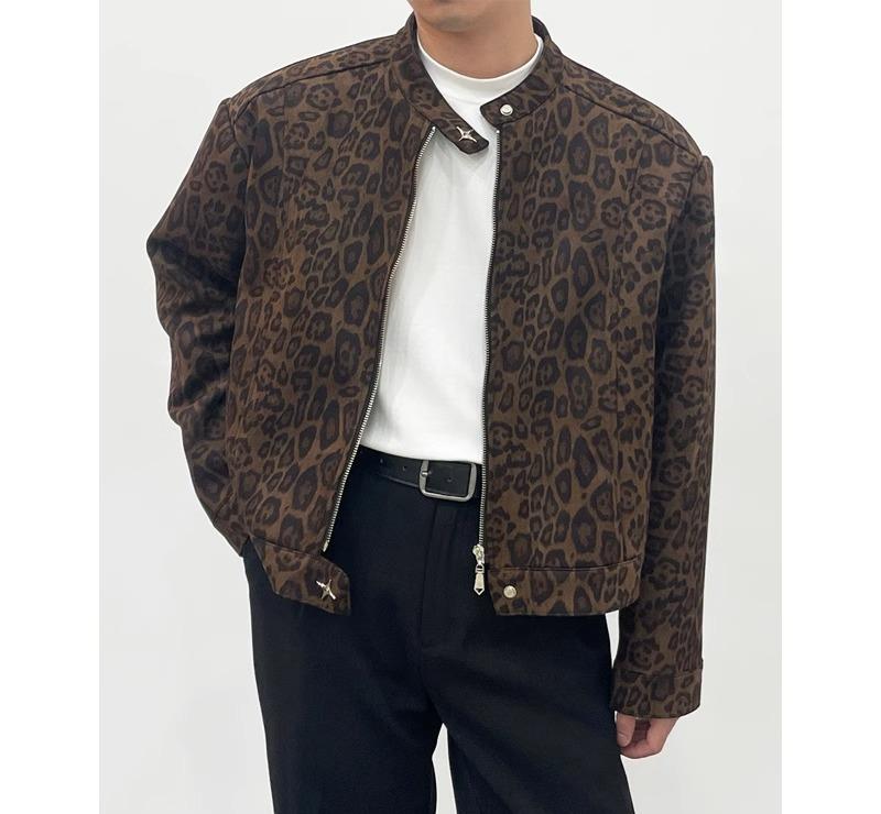 ジャケット ヒョウ柄 男性 Y2K 上着 春秋 アメリカン レトロ モダン 長袖 ハイエンド ショート ヴィンテージライク メンズ アウター ジップアップ クール ギャル ストリート モテ おしゃれ