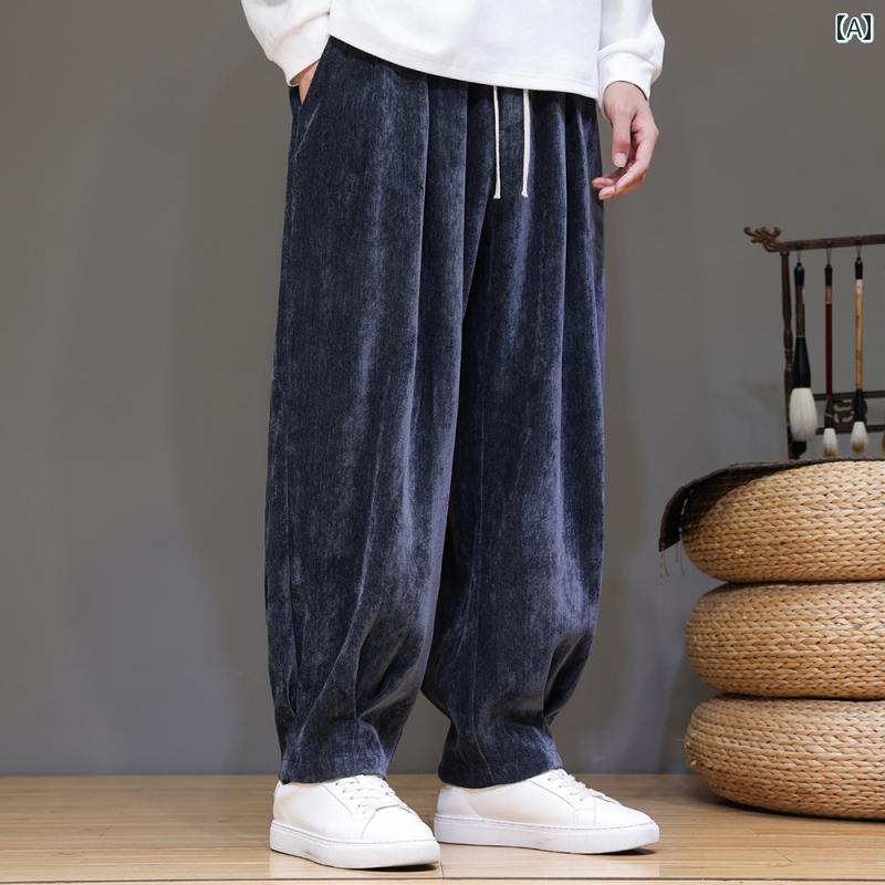 ワイドレッグ パンツ ゆったり ポケット メンズ シェニール ウエストゴム 秋冬 伸縮性 リラックス ストレート デザイン おしゃれ カジュアル お出かけ ファッション