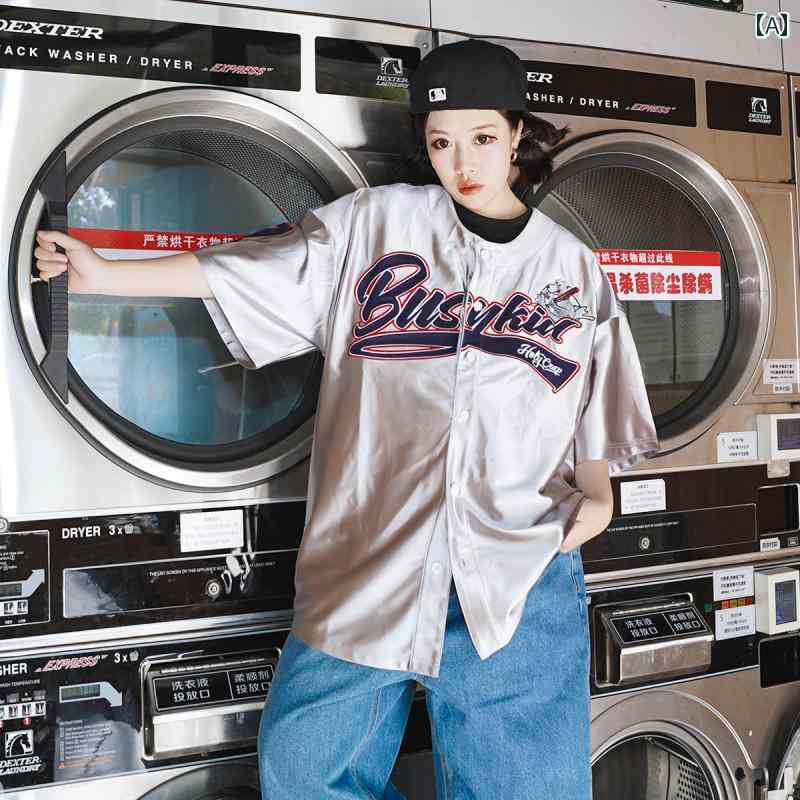 ベースボールシャツ ヒップホップ Tシャツ 半袖 トップス カーディガン アメリカ 西海岸 反射 シルバー スポーティー ジャージ