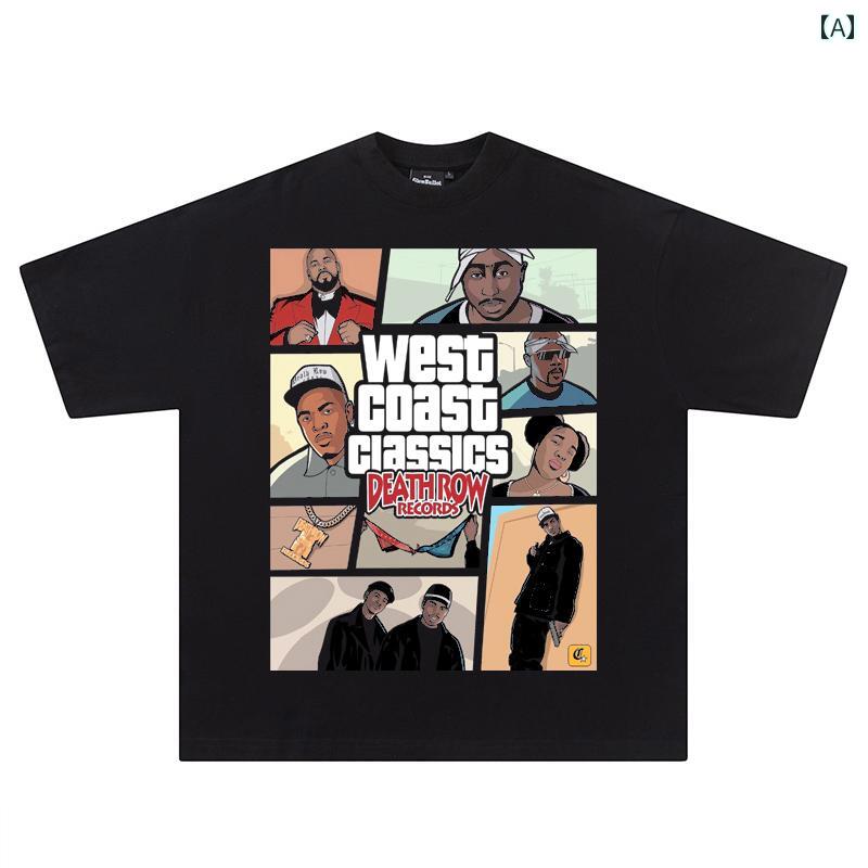 Tシャツ 半袖 メンズ トップス 西海岸 クラシック ラッパー ヒップホップ レトロ 快適 アメリカン スモールネックライン ゆったり ヴィンテージ