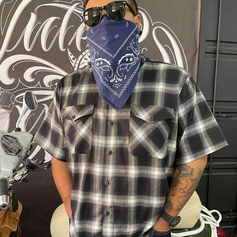 カジュアルシャツ 半袖 男性服 ビッグサイズ 巨体 クラシック アメリカン カジュアル トラッカー シャツ チカーノ ストリート ヒップホップ モーターサイクル コットン 黒白 チェック柄 ギャング スケボー シンプル