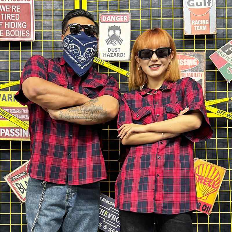 カジュアルシャツ 半袖 ユニセックス 大きめ トップス チェック柄 シャツ トラック ドライバー アメリカン カジュアル カントリー アメカジ コットン クラシック 男性用 赤 黒 オーバーサイズ