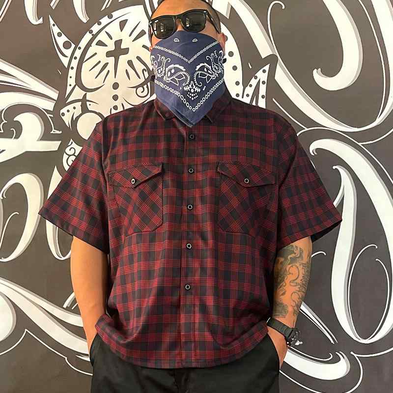 カジュアルシャツ 半袖 男性服 大人 クラシック アメリカン カジュアル チェック柄 シャツ ゆったり 大きいサイズ 西海岸 トラッカー コットン ウォッシュ シャツジャケット 赤青 チカーノ ストリート ヒップホップ