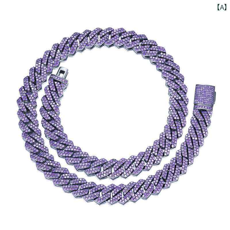ネックレス キューバチェーン 太め キラキラ ヒップホップ メンズ 14mm パープルジルコニア 菱形 カラー パーティー アメリカ 男性用|Hanbok Home