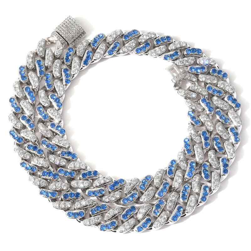 ネックレス キューバチェーン 太め キラキラ ヒップホップ 12MM オーシャンブルー カラーブロック ジルコニア フルラインストーン 高級感 メンズ