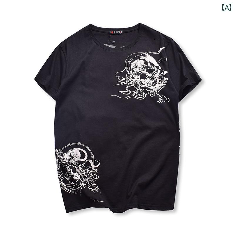ドラゴン Tシャツ メンズ チャイナ風 カジュアル 綿 黒 白 ラウンドネック ストリート 夏 半袖 トップス ブラック ホワイト コットン 刺繍 アニマル