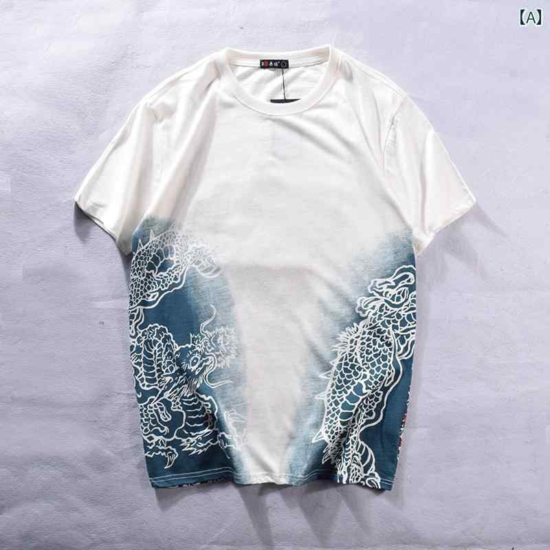 ドラゴン Tシャツ ユニセックス 夏 刺繍 アニマル 花柄 黒 白 ラウンドネック カジュアル トップス ストリート ファッション メンズ レディース ブラック ホワイト