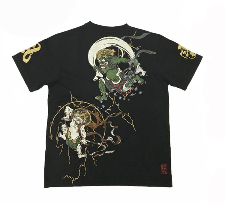 トップス Tシャツ 和柄 メンズ 風神 雷神 おしゃれ デザイン ラウンドネック ブラック ホワイト 夏 刺繍 半袖 アウトドア カジュアル サマー ファッション